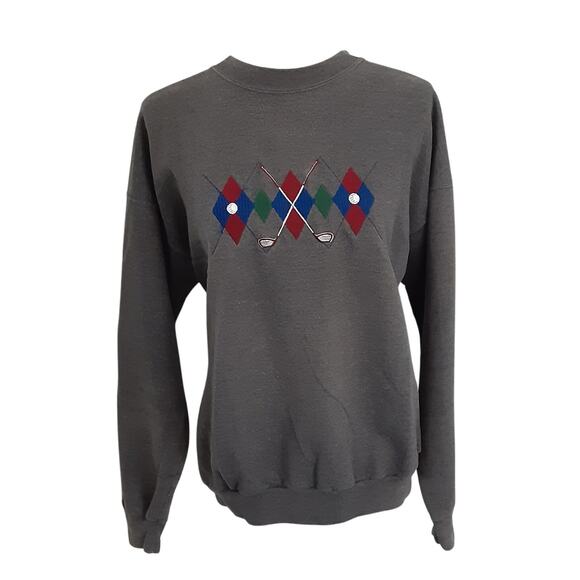 Vintage 80s Golf Argyle Embroidered Dad Sweatshirt Oversized Men L Charcoal Gray - Picture 1 of 9